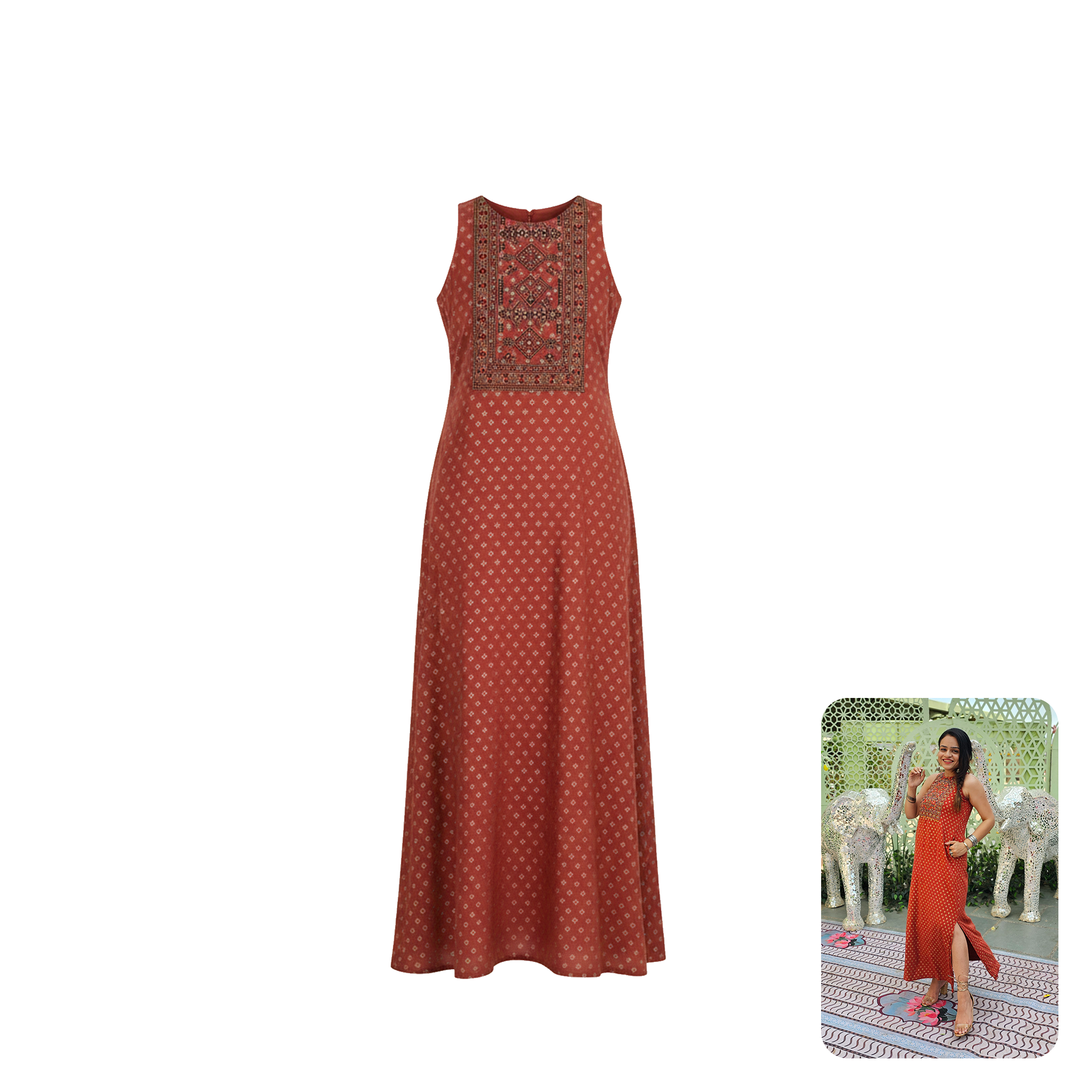 Global Desi Rust Butti-Print Viscose Dress – Rad Radar
