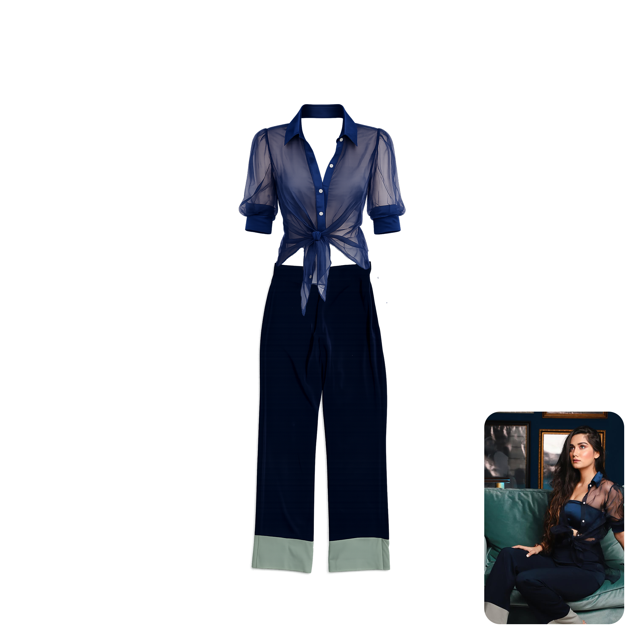 Ombrello Mesh Top with Contrast-Cuff Trousers Co-ord Set
