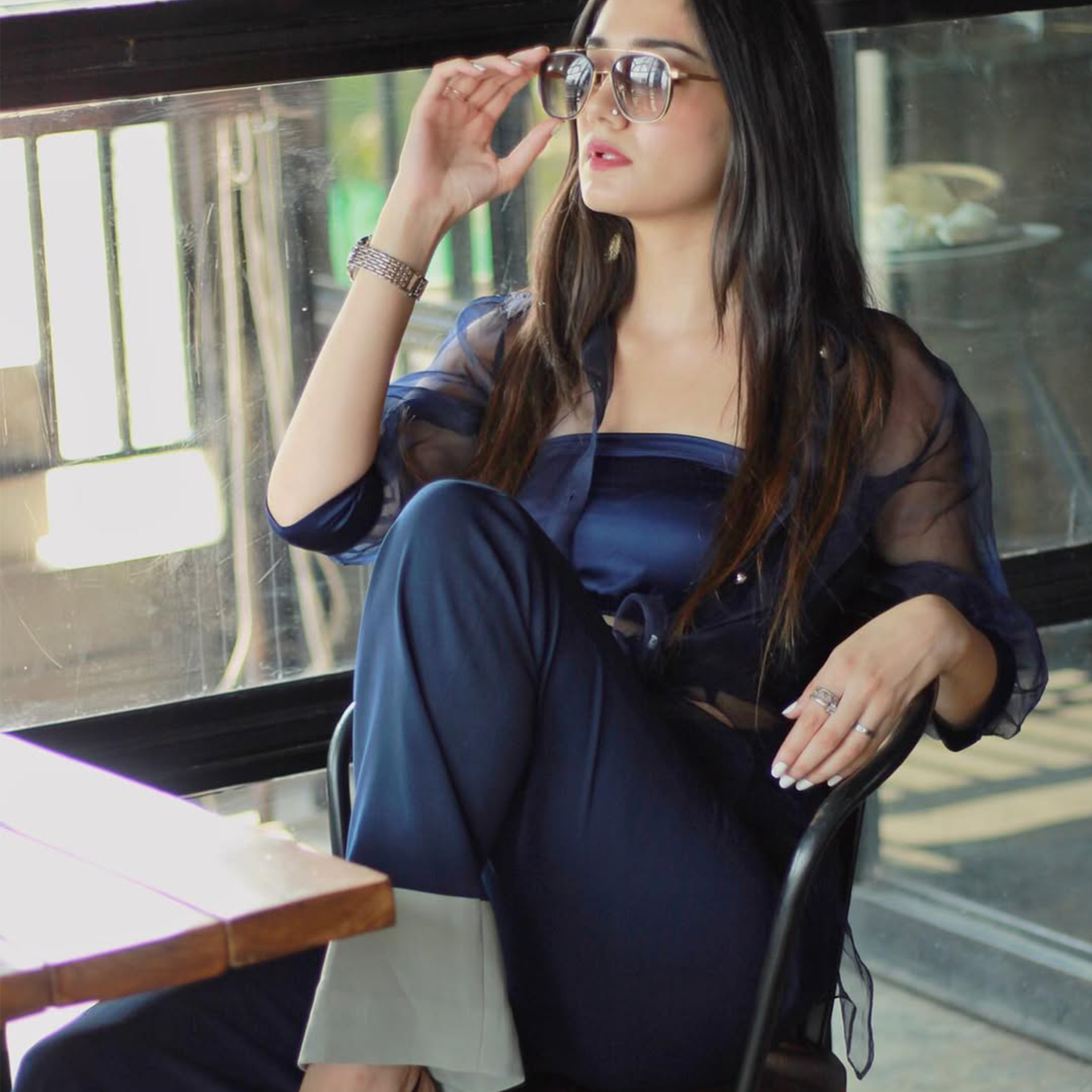 Ombrello Mesh Top with Contrast-Cuff Trousers Co-ord Set