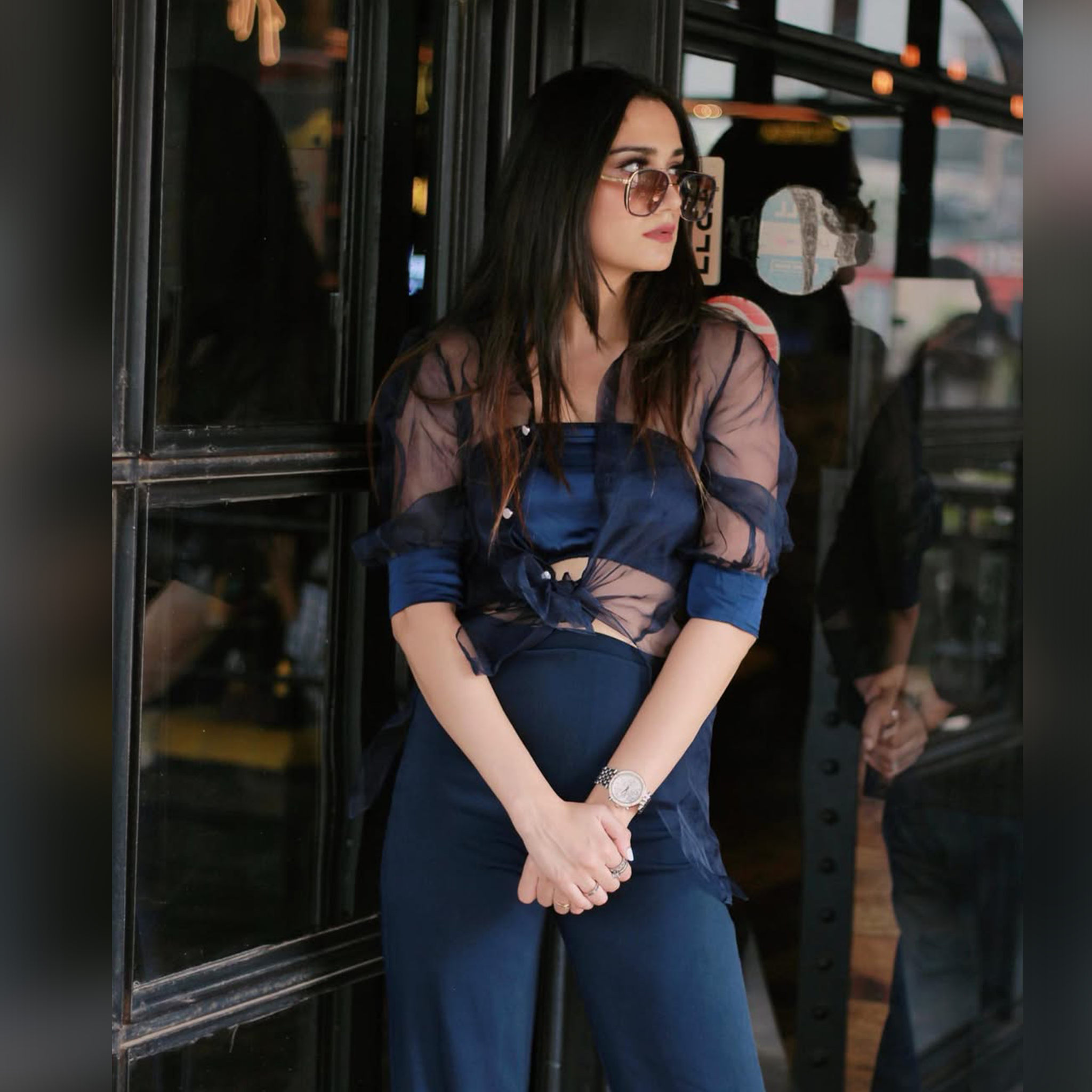 Ombrello Mesh Top with Contrast-Cuff Trousers Co-ord Set