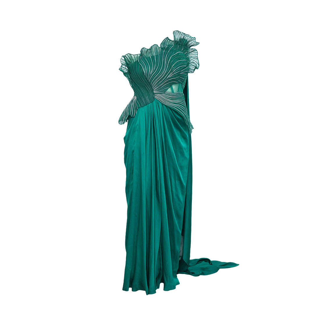 Amit Aggarwal Corded Coral Saree Emerald