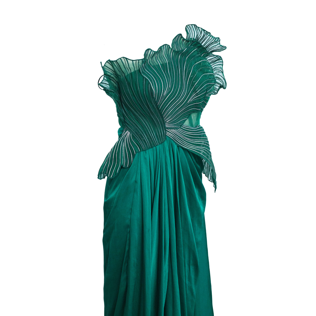 Amit Aggarwal Corded Coral Saree Emerald