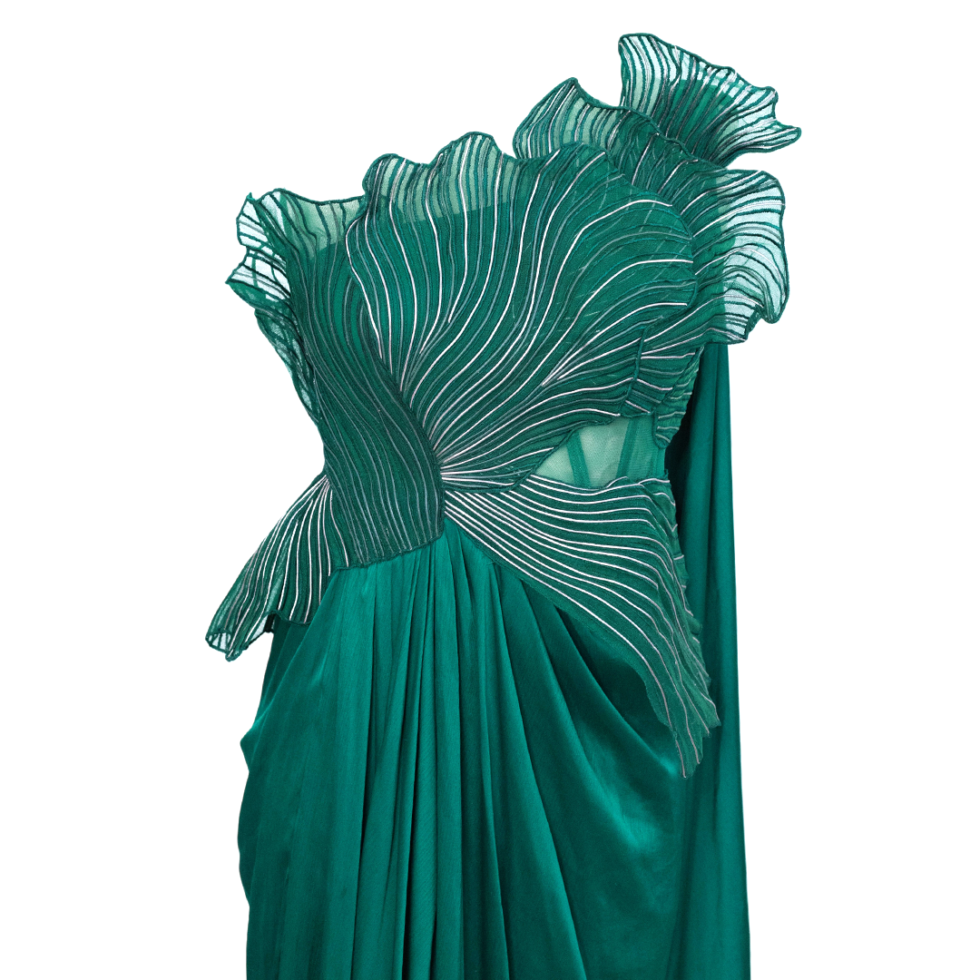 Amit Aggarwal Corded Coral Saree Emerald