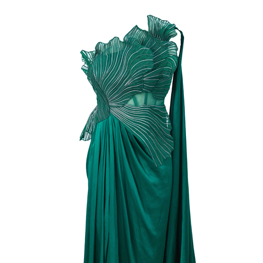 Amit Aggarwal Corded Coral Saree Emerald