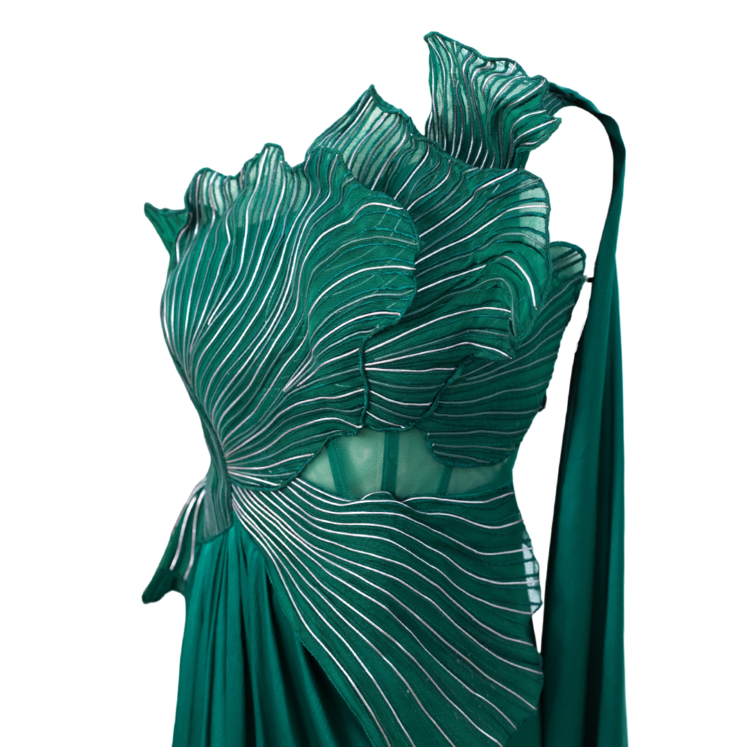 Amit Aggarwal Corded Coral Saree Emerald