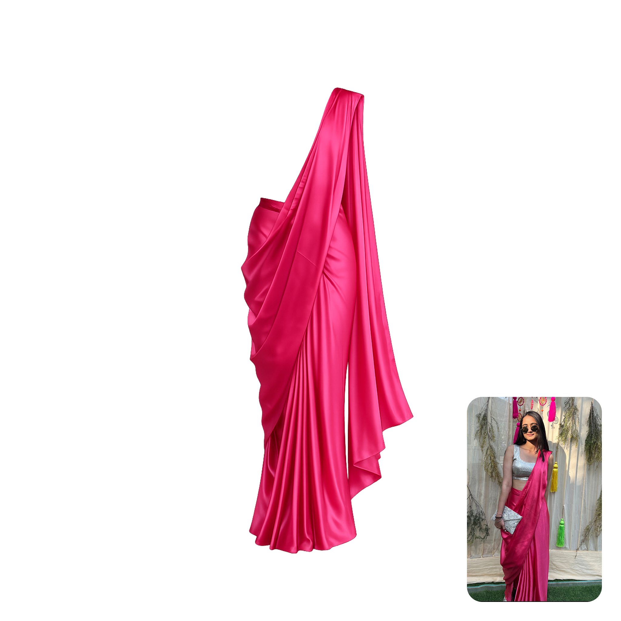 Custom Fuchsia Satin Pre-Draped Saree