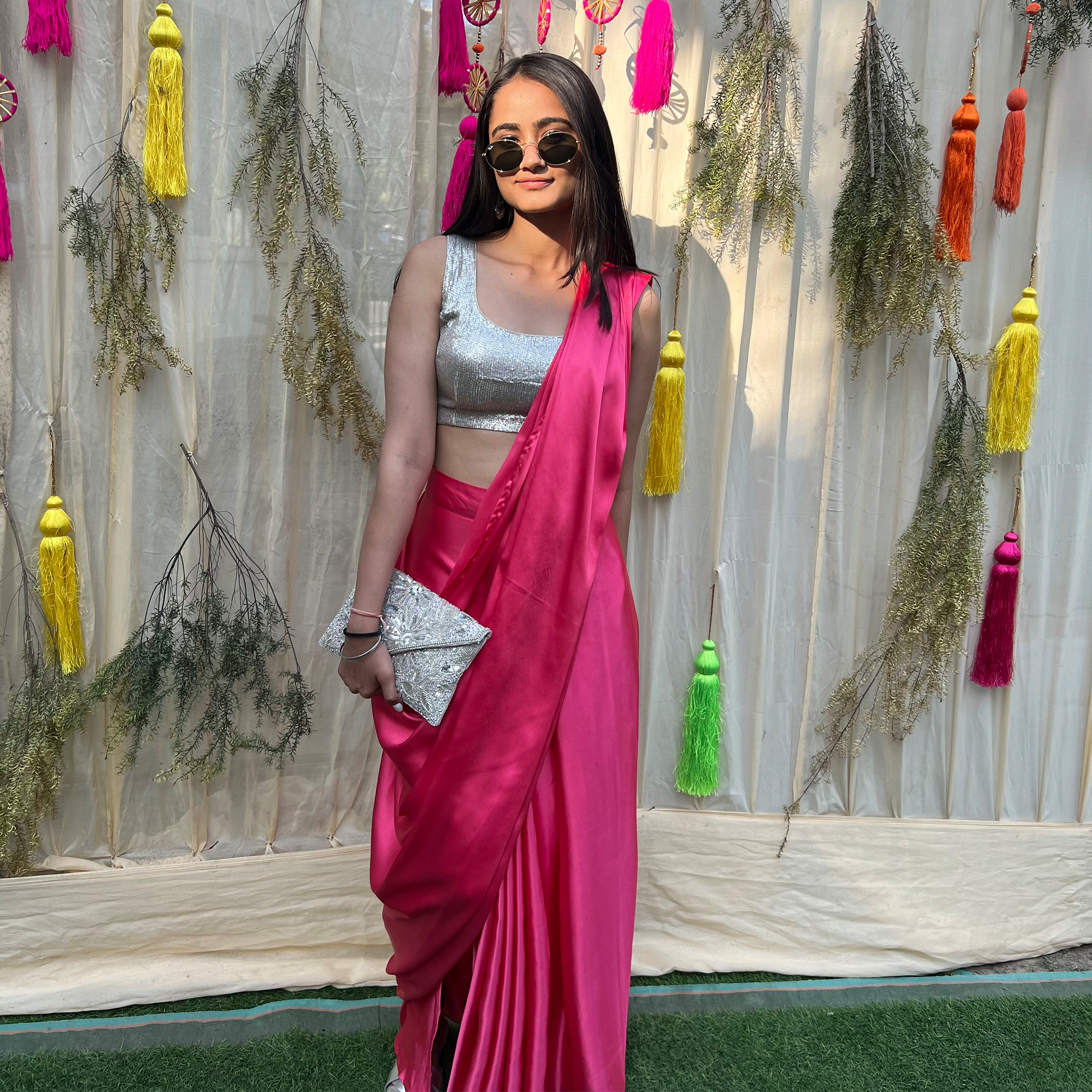 Custom Fuchsia Satin Pre-Draped Saree