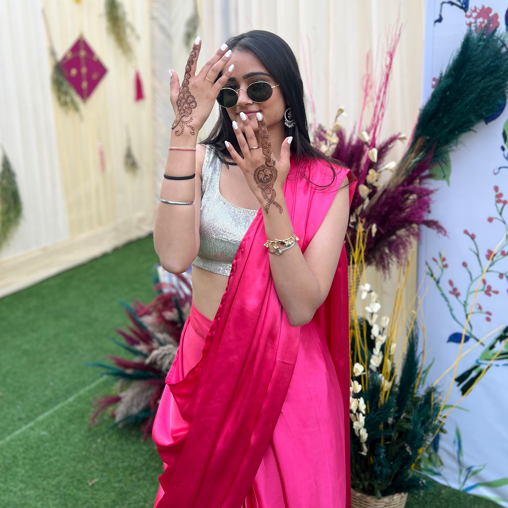 Custom Fuchsia Satin Pre-Draped Saree
