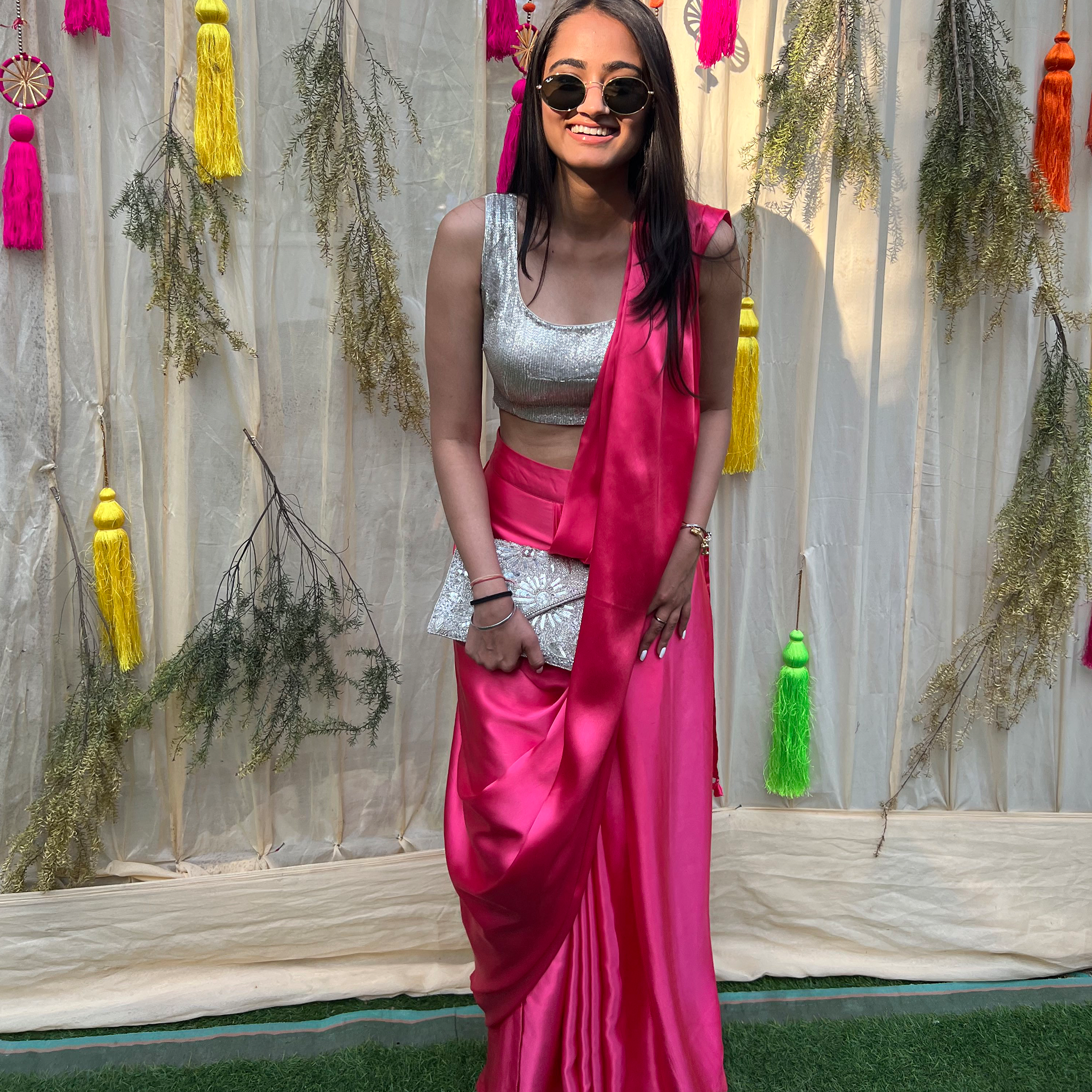 Custom Fuchsia Satin Pre-Draped Saree