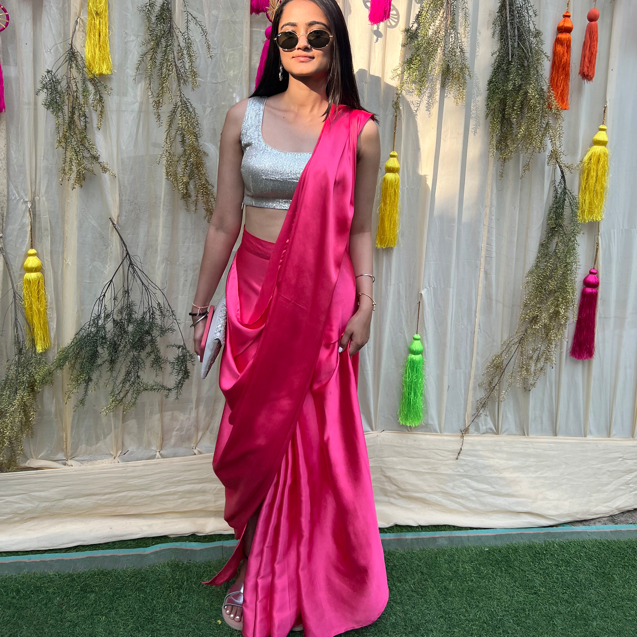 Custom Fuchsia Satin Pre-Draped Saree