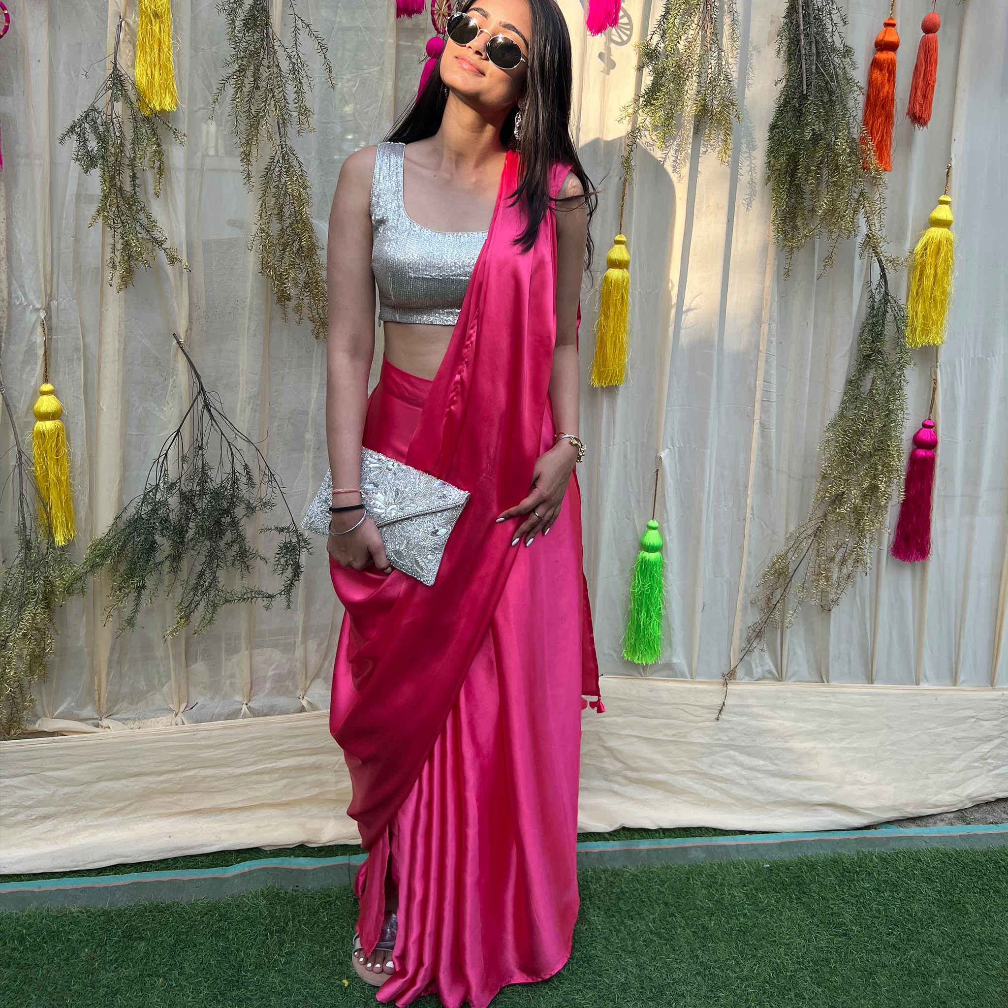 Custom Fuchsia Satin Pre-Draped Saree