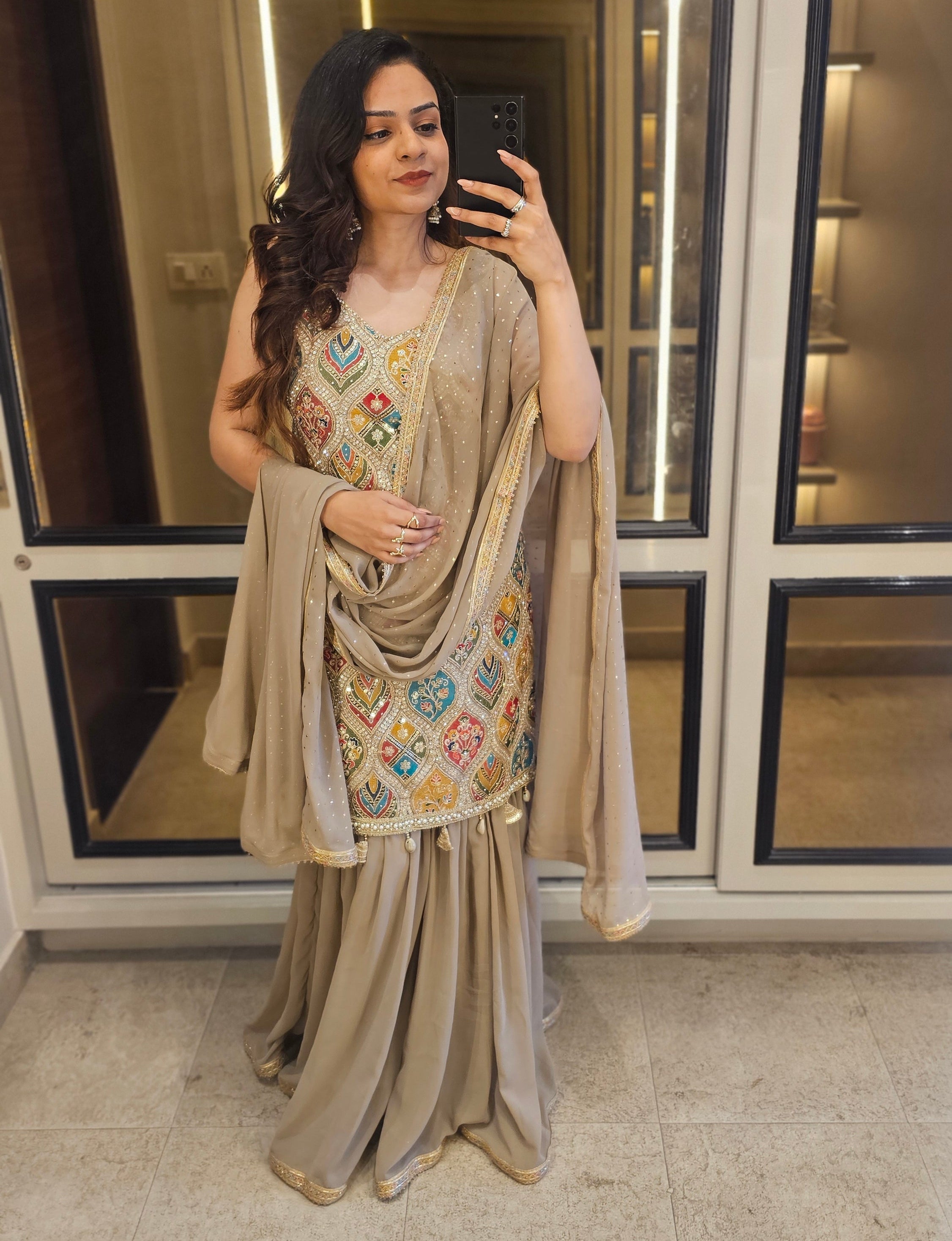 Custom Grey Patch Work Sharara Suit Set