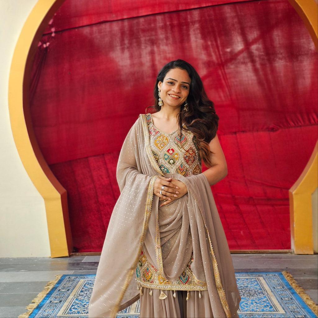 Custom Grey Patch Work Sharara Suit Set