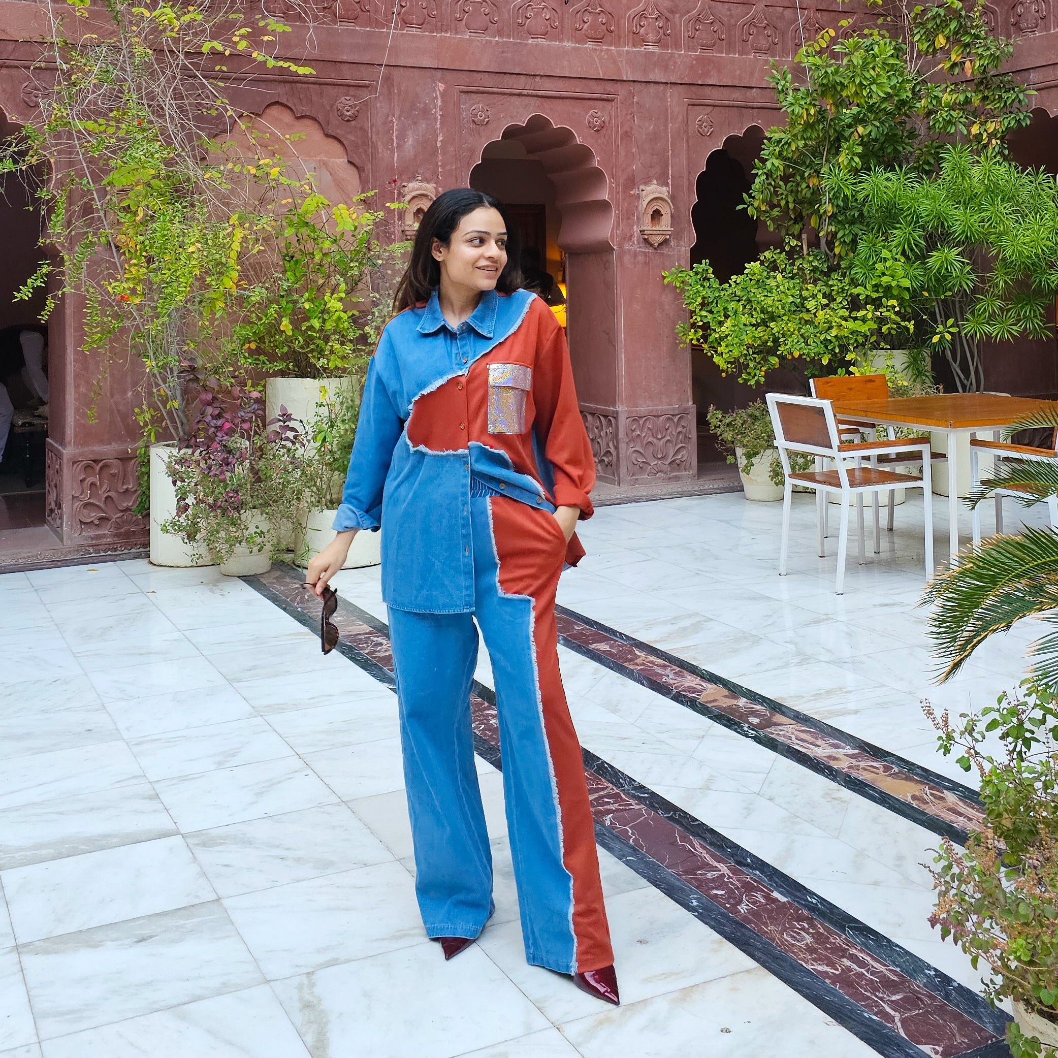 Style Anny Rhinestone Denim Block Co-ord Set