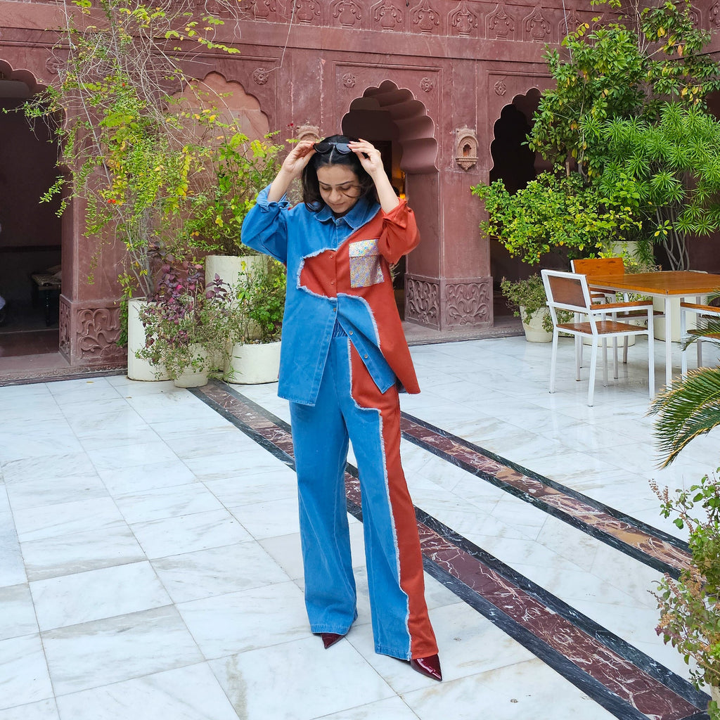 Style Anny Rhinestone Denim Block Co-ord Set