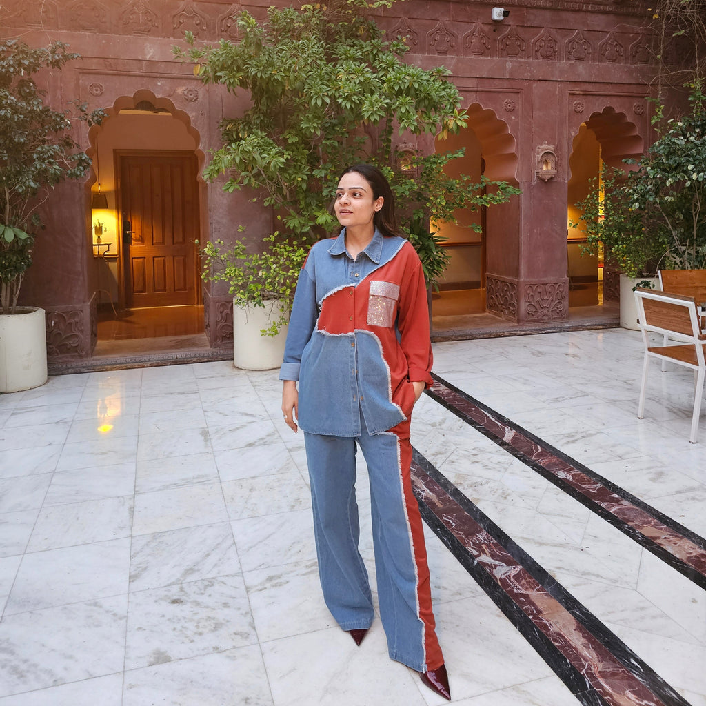 Style Anny Rhinestone Denim Block Co-ord Set