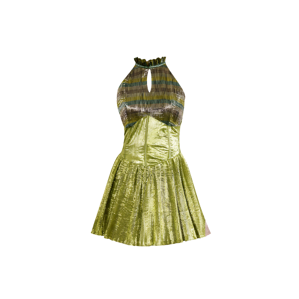 Afwah Alizee Green Metallic Short Dress
