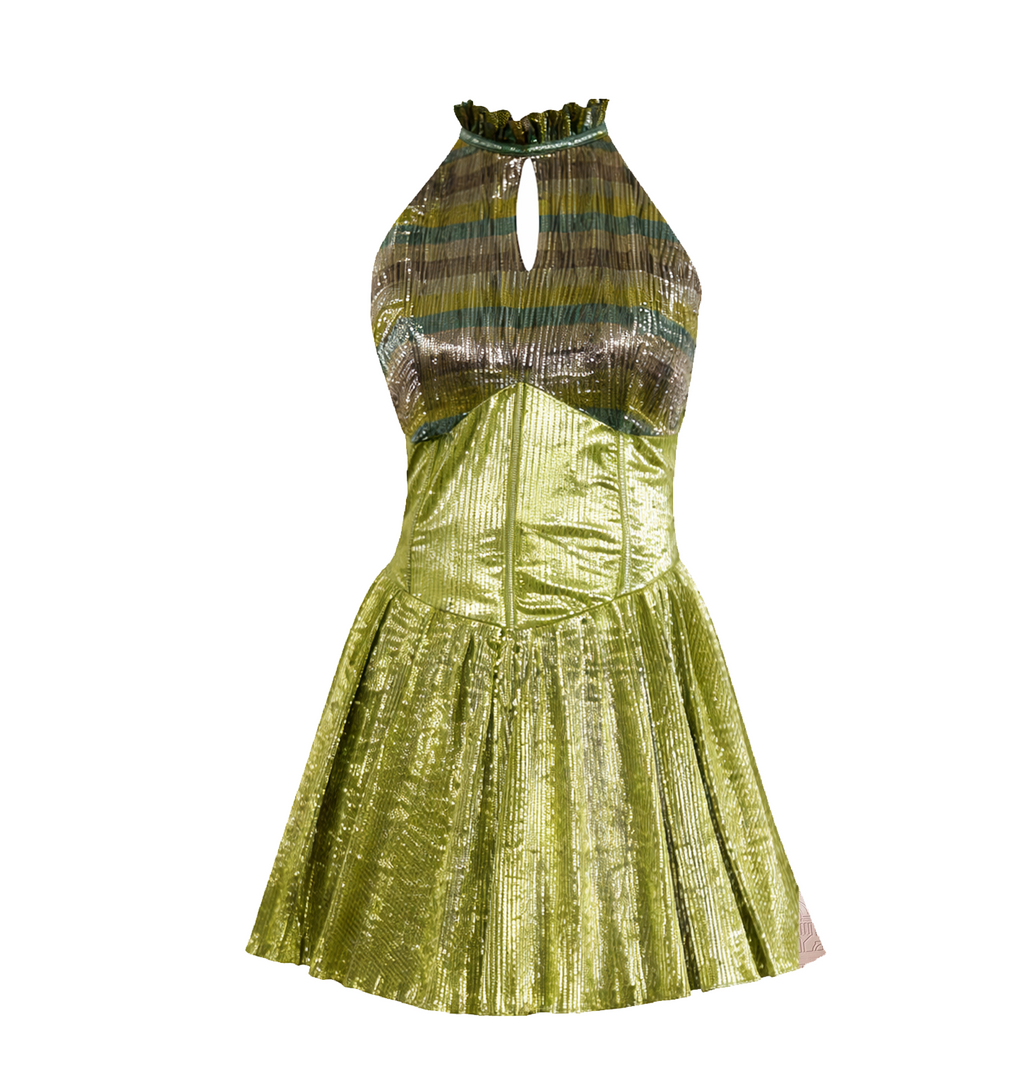 Afwah Alizee Green Metallic Short Dress