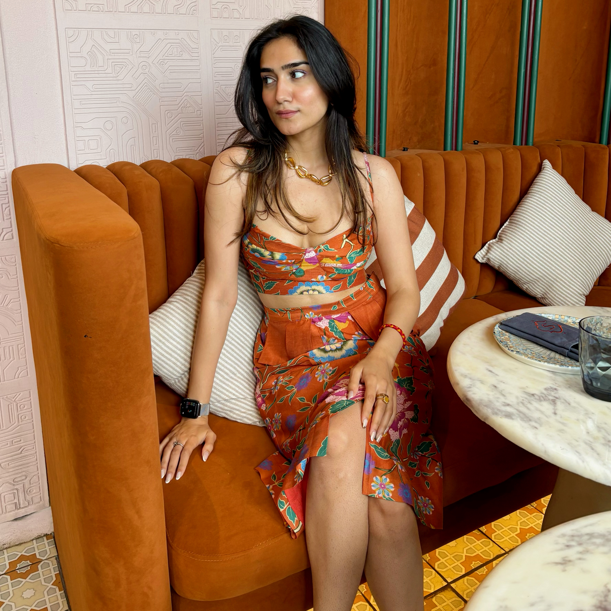 Ananya Agrawal Orange Chanderi Printed Midi Skirt