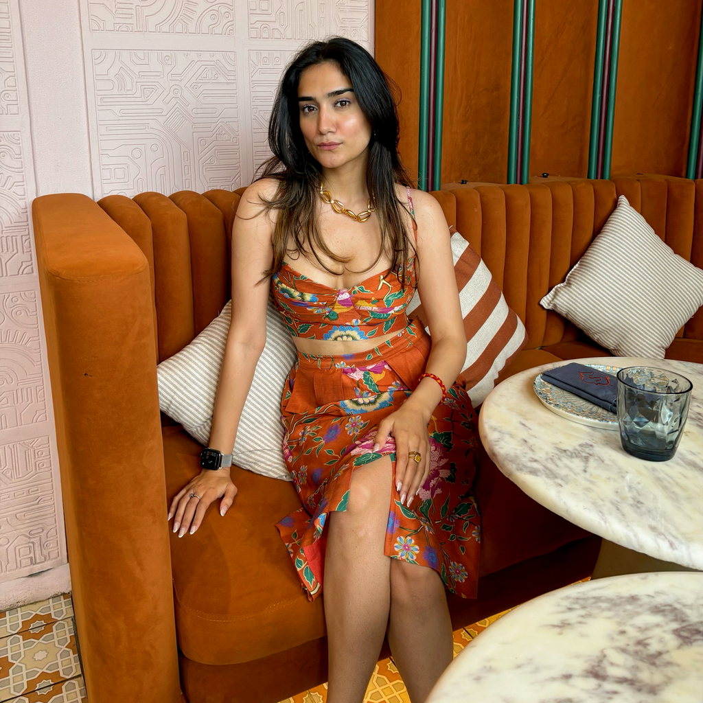 Ananya Agrawal Orange Chanderi Printed Midi Skirt