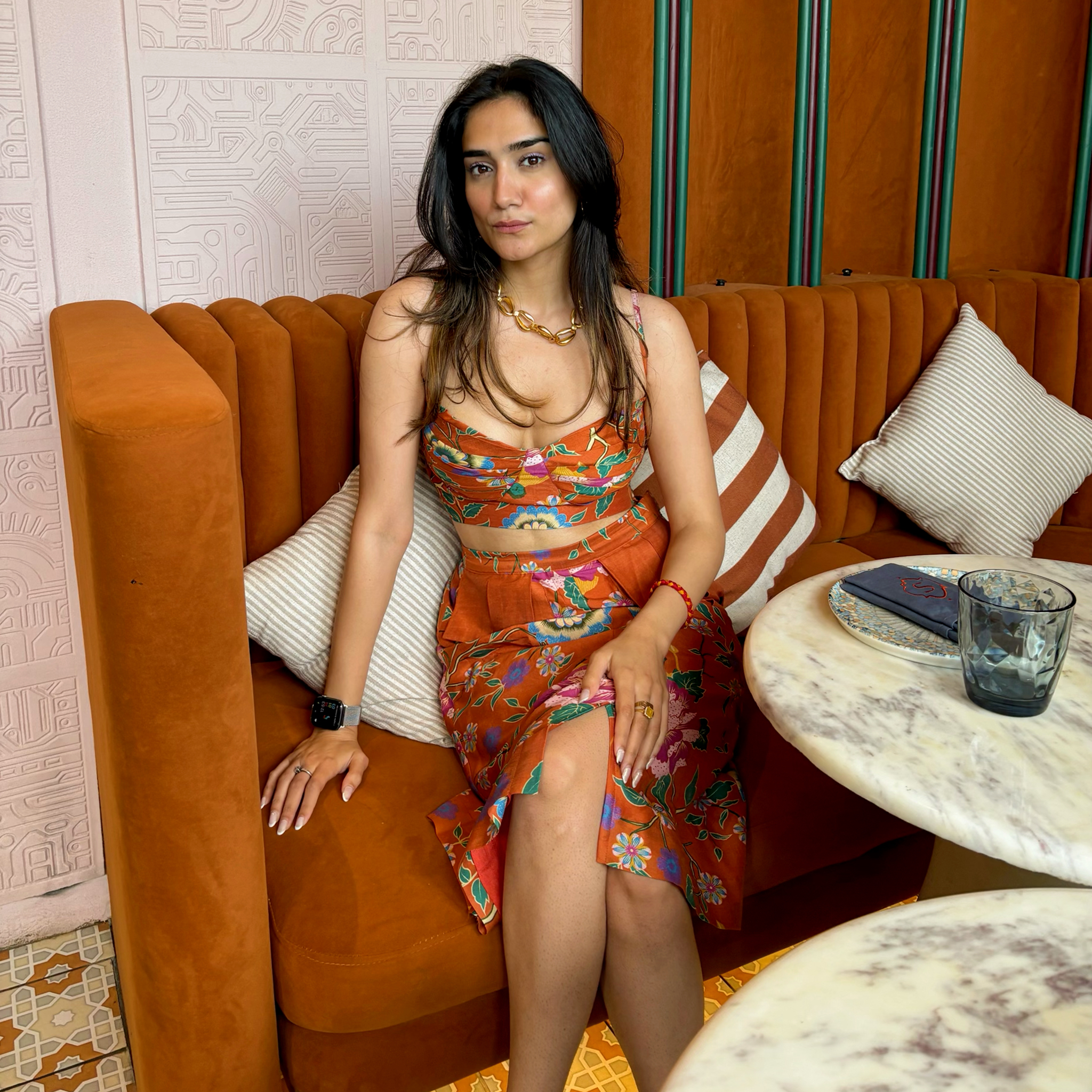Ananya Agrawal Orange Chanderi Printed Midi Skirt