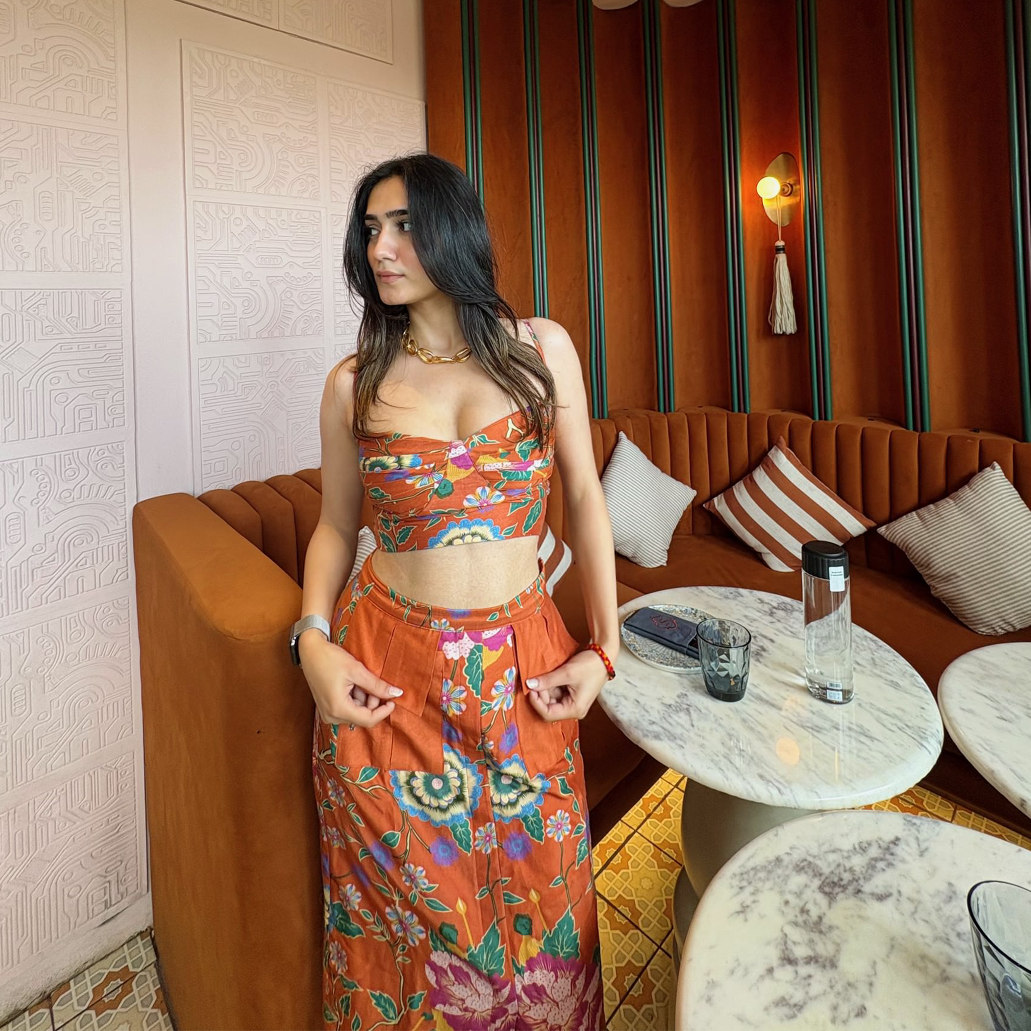 Ananya Agrawal Orange Chanderi Printed Midi Skirt