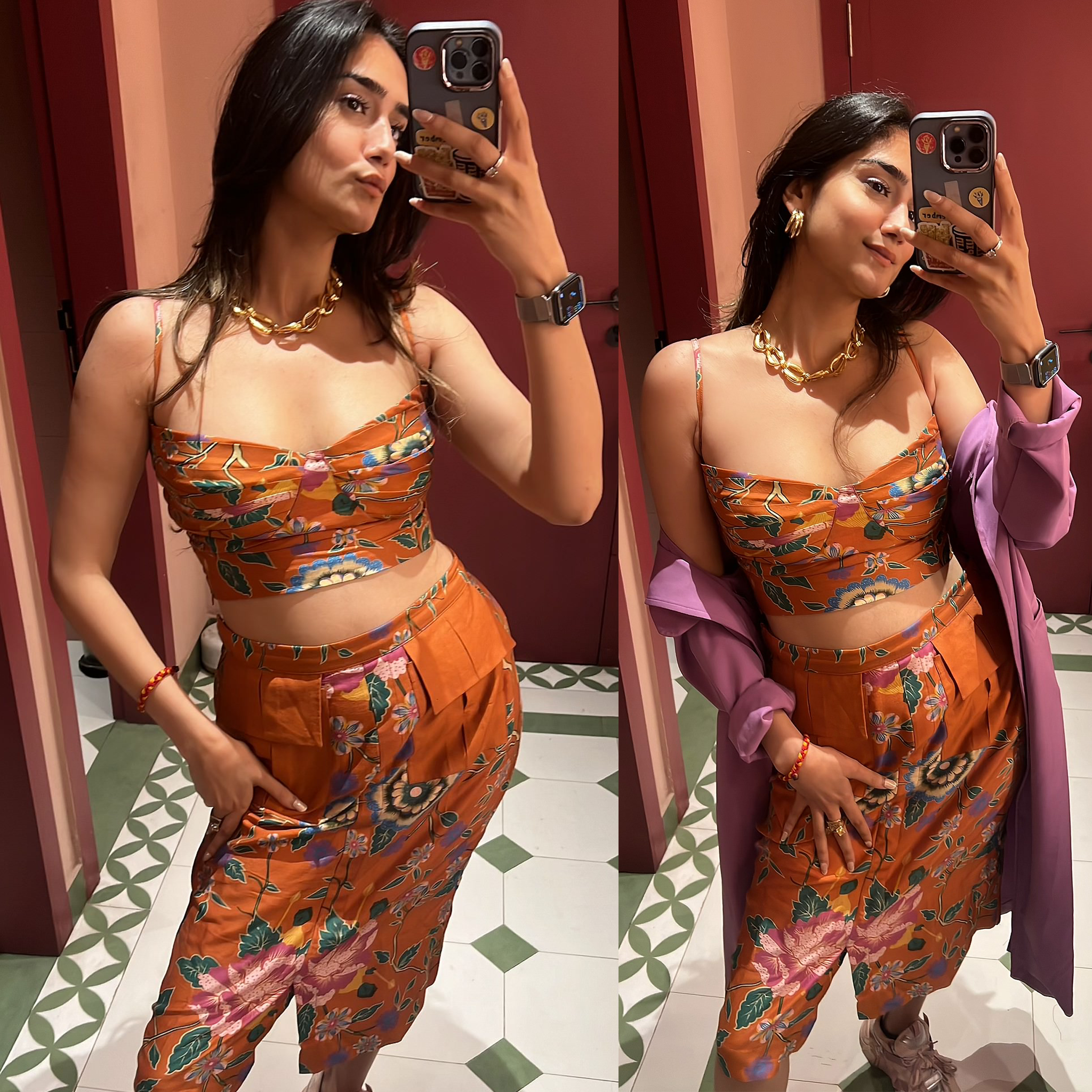 Ananya Agrawal Orange Chanderi Printed Midi Skirt