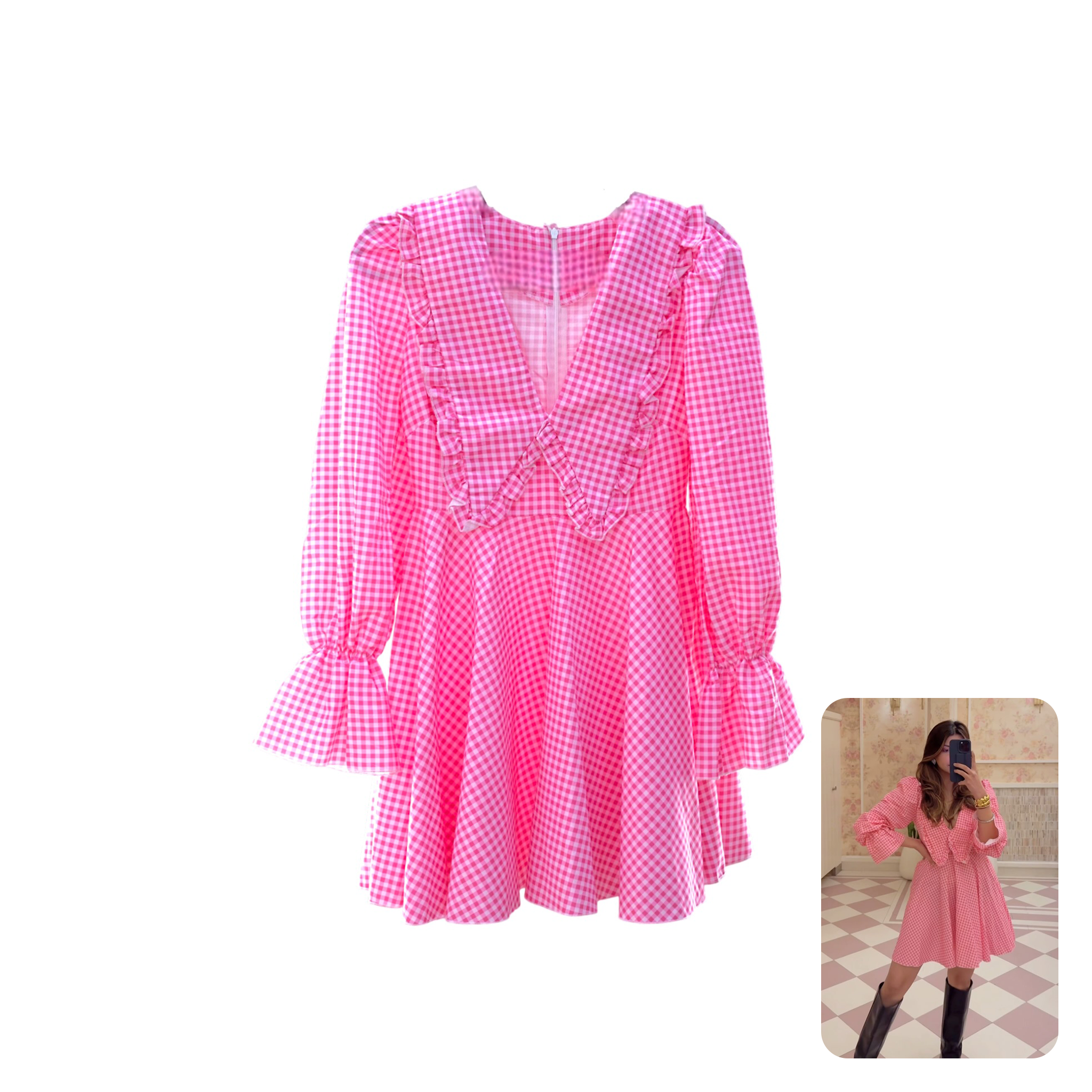 Fancy Pants Gingham Bell Sleeved Mini Dress