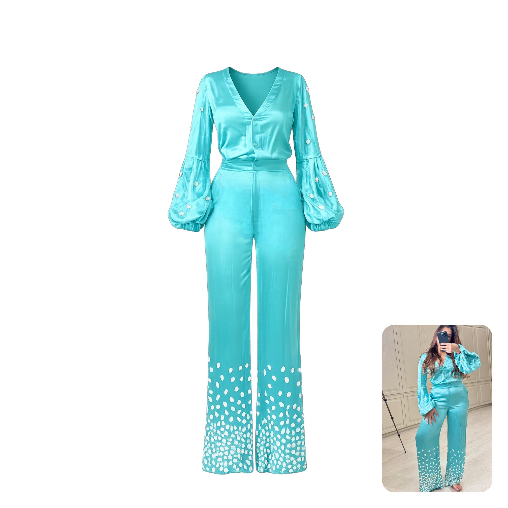 Teal Blue Jumpsuit with Stone Embellished Cuffs