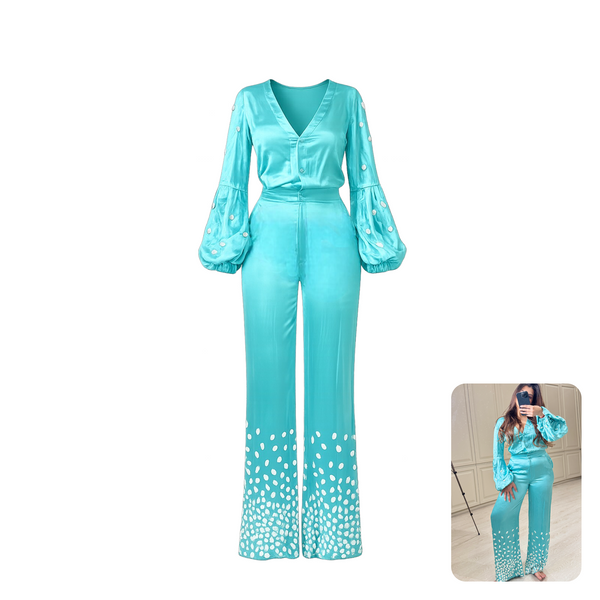 Teal Blue Jumpsuit with Stone Embellished Cuffs