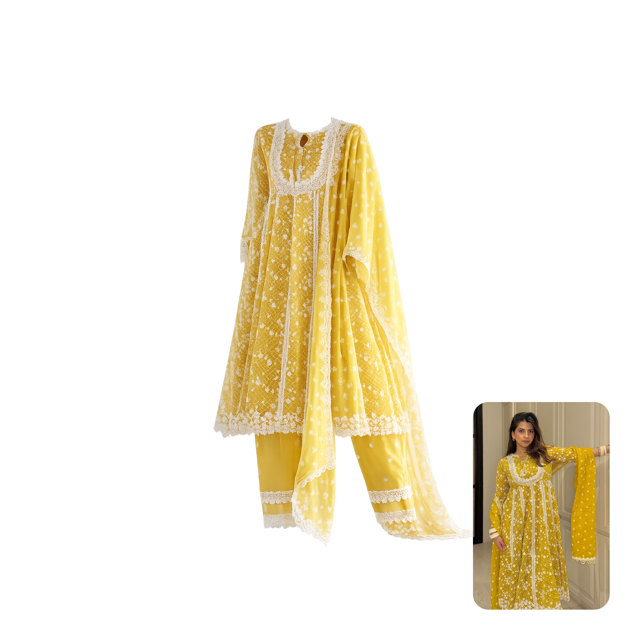 Mulmul Yellow Embroidered Anarkali Set