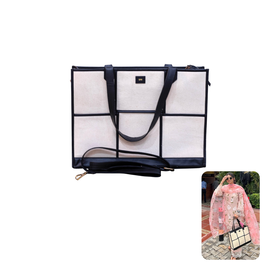 Hues Studio Beige & Black Ace Tote Bag