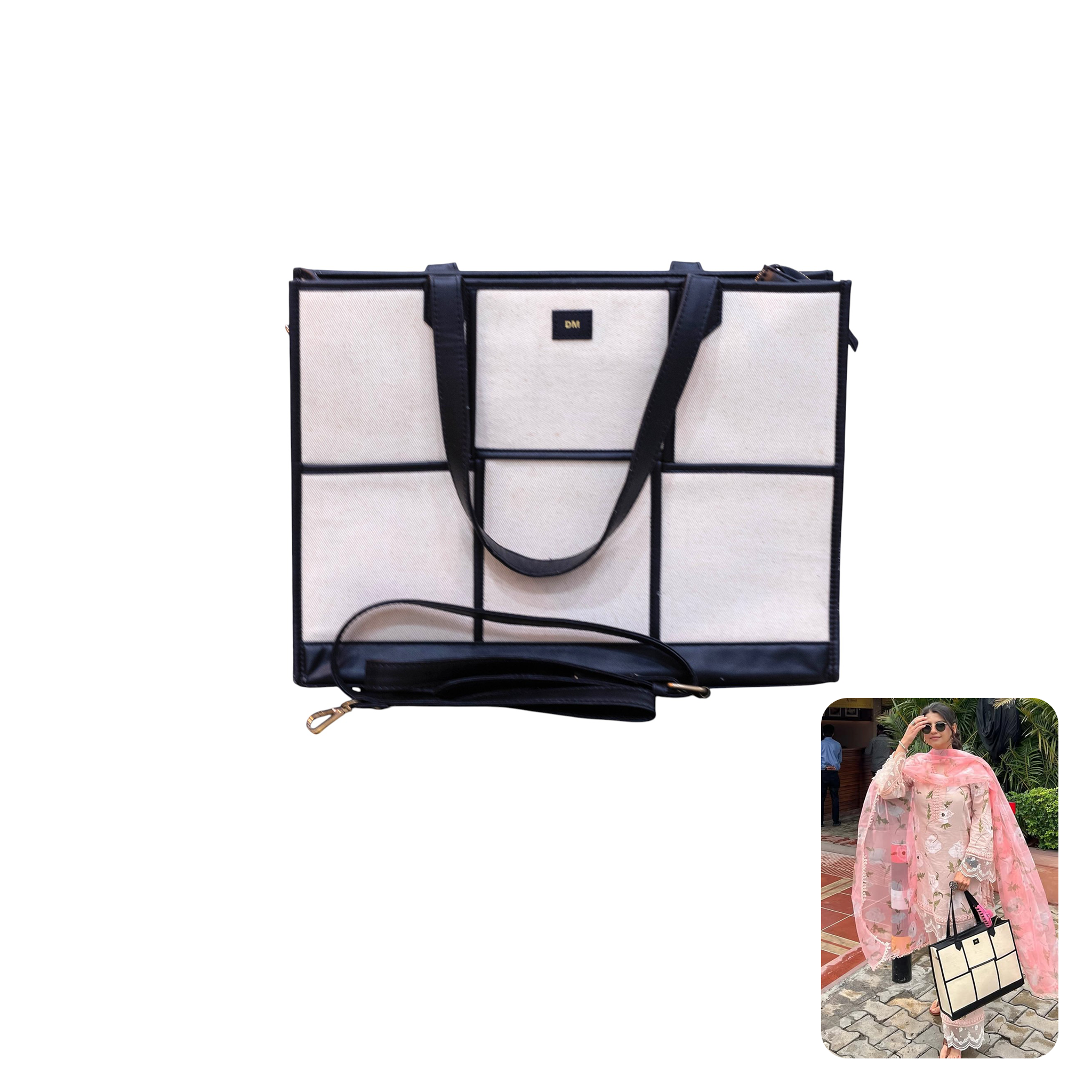 Hues Studio Beige & Black Ace Tote Bag