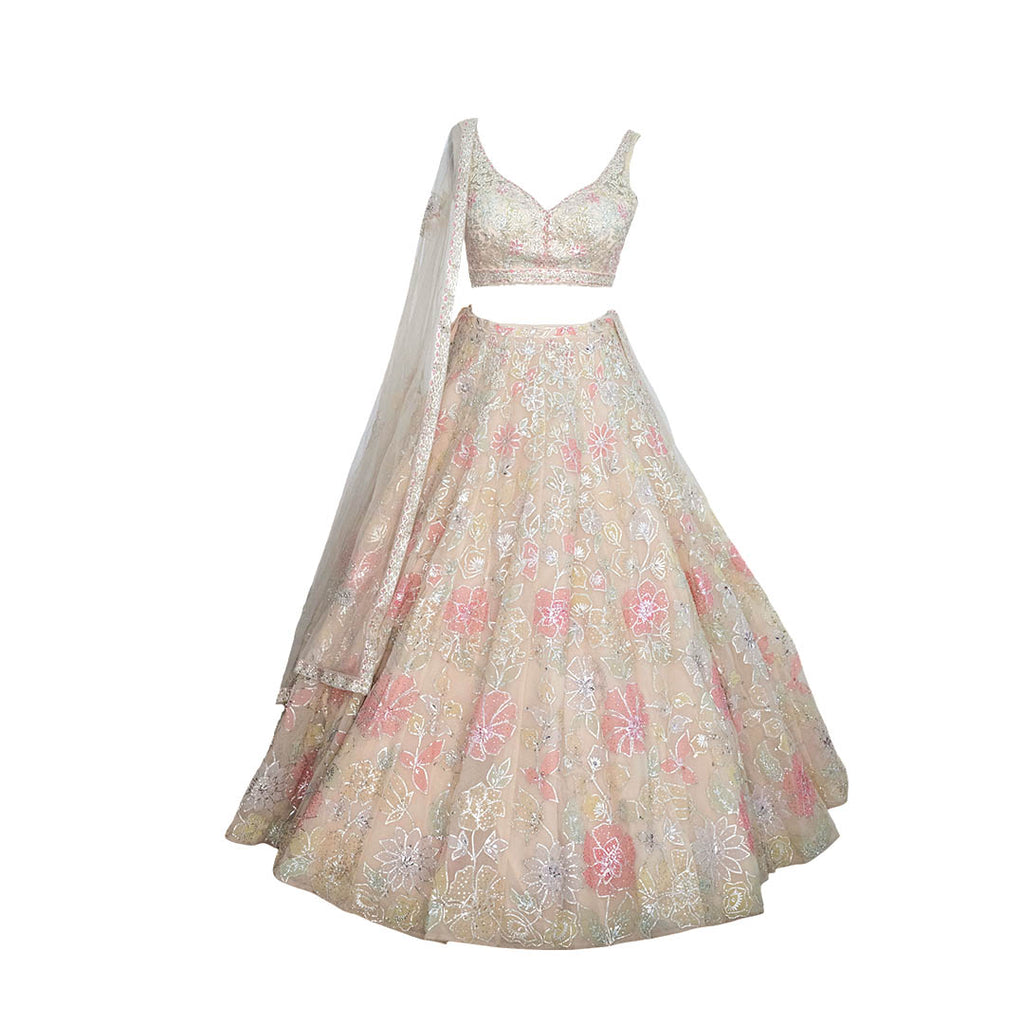 Seema Gujral Beige Floral Applique Bridal Lehenga Set