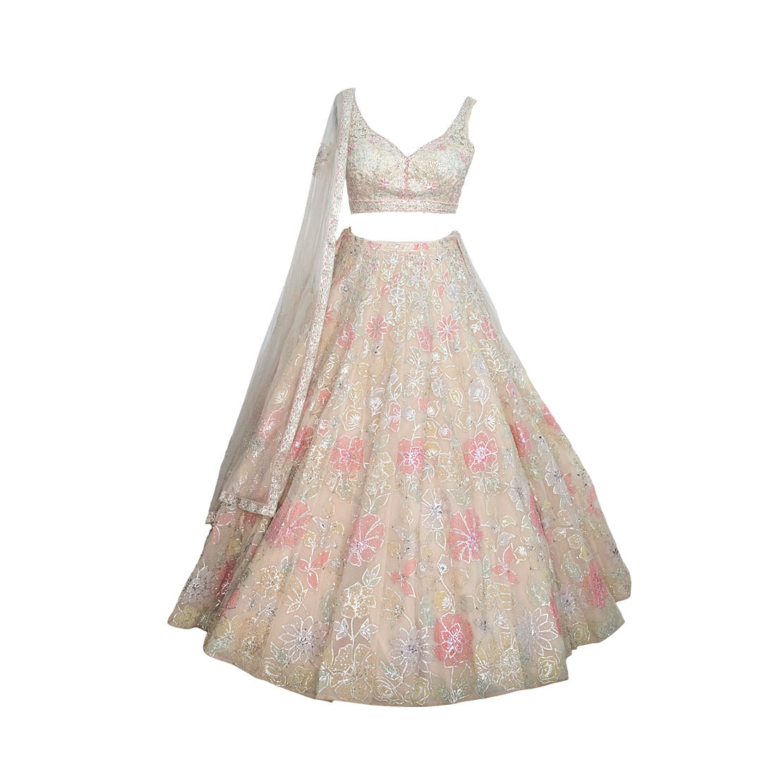 Seema Gujral Beige Floral Applique Bridal Lehenga Set