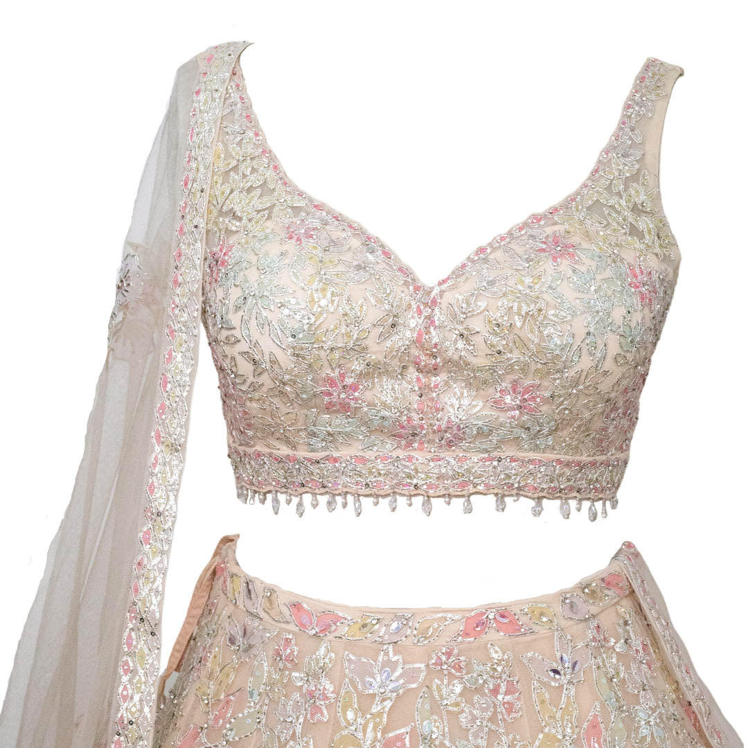 Seema Gujral Beige Floral Applique Bridal Lehenga Set
