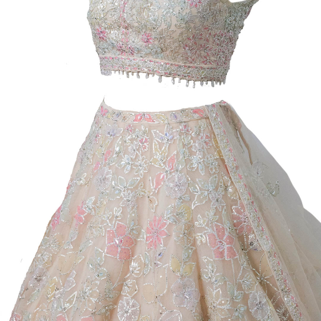 Seema Gujral Beige Floral Applique Bridal Lehenga Set