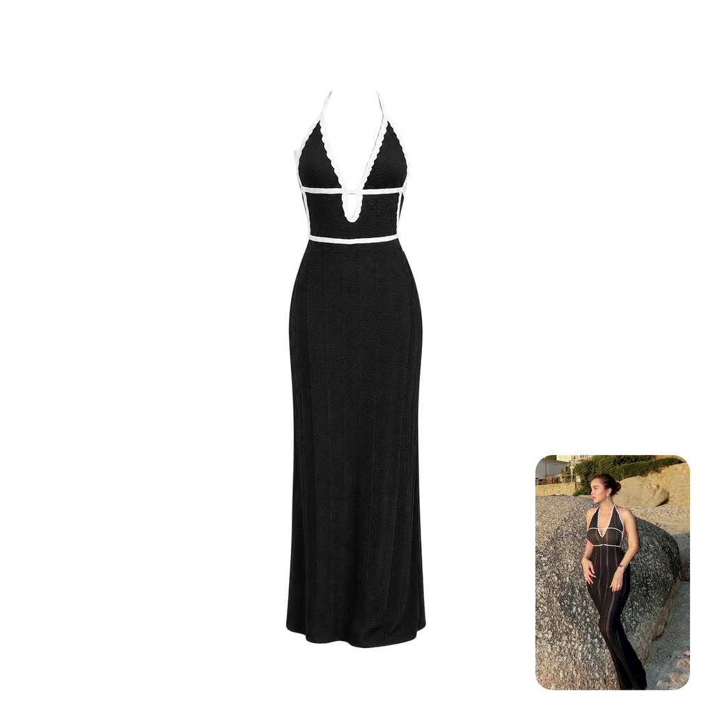 Black Contrast-Trim Halter Maxi Dress