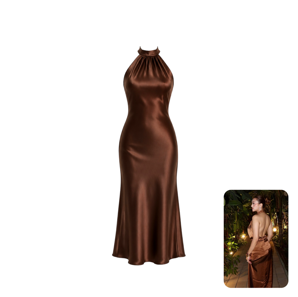 Zara Satin Halter Midi Dress in Brown