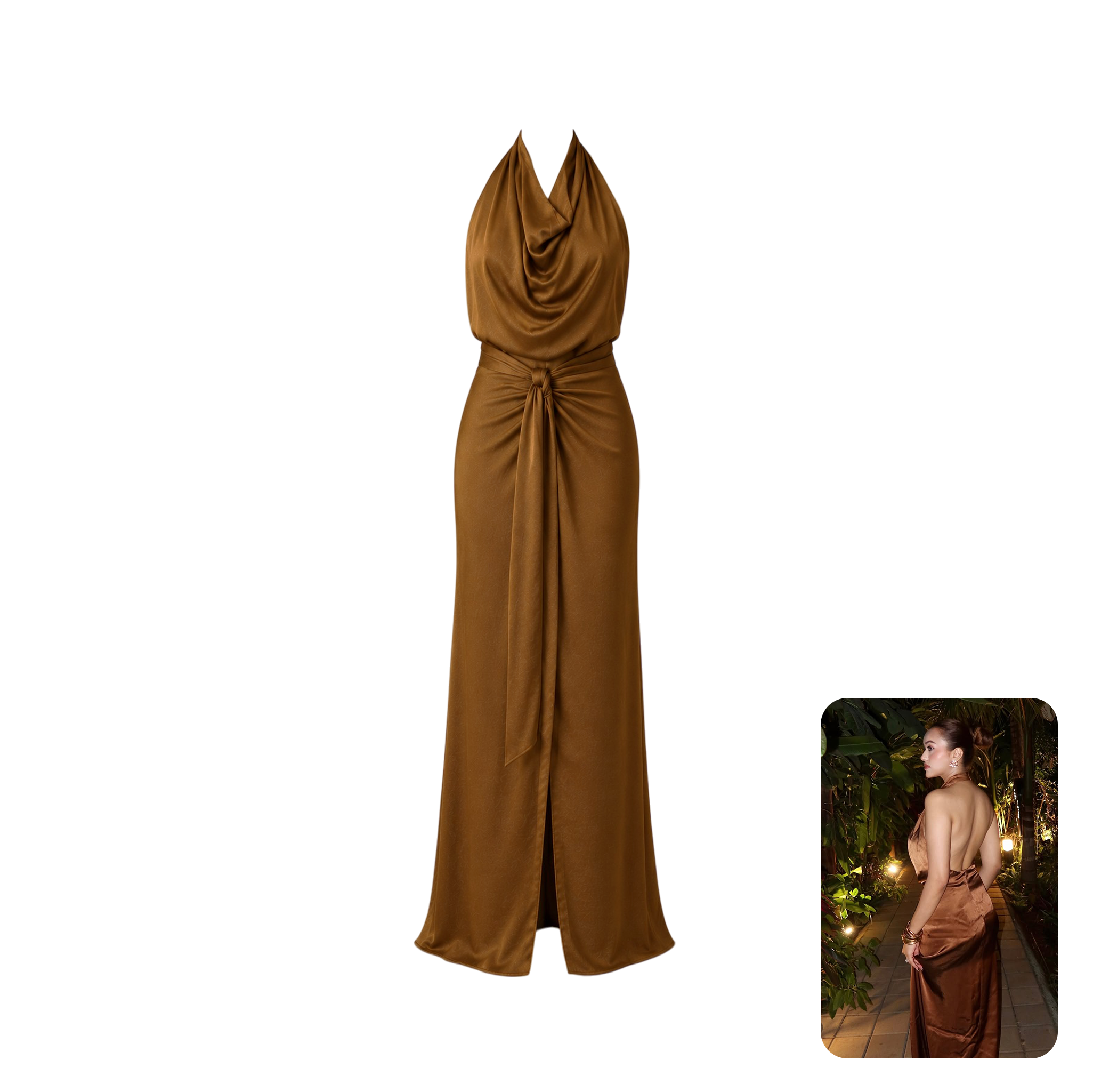 Zara Satin Halter Dress in Brown