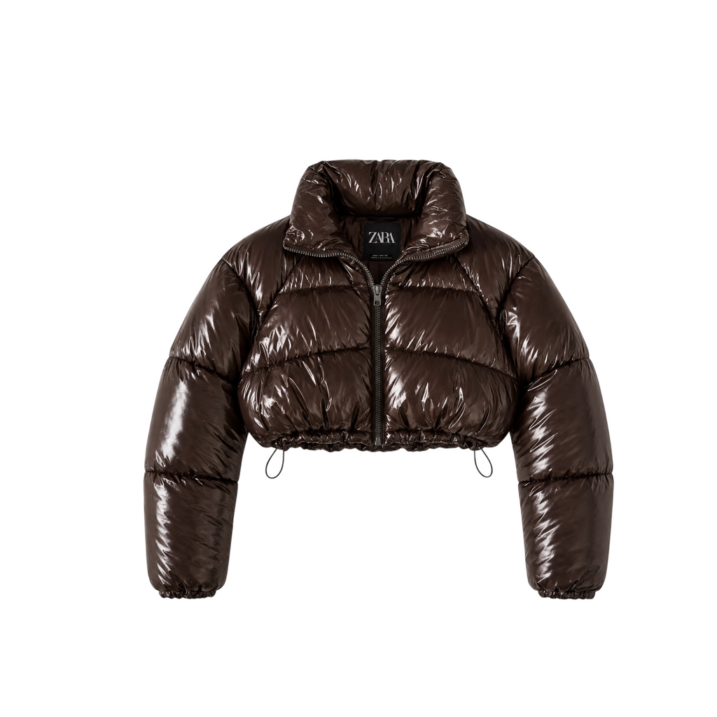 Zara Glossy Brown Cropped Puffer Jacket
