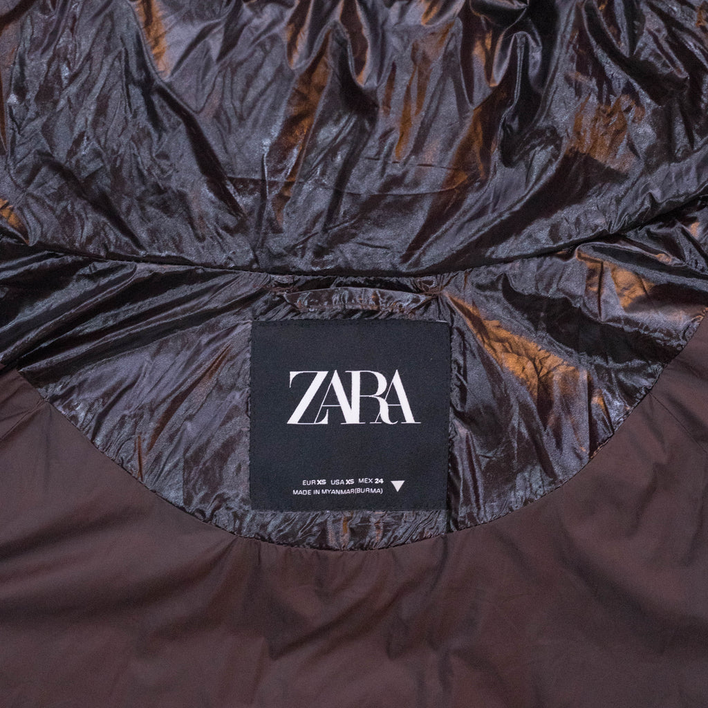 Zara Glossy Brown Cropped Puffer Jacket
