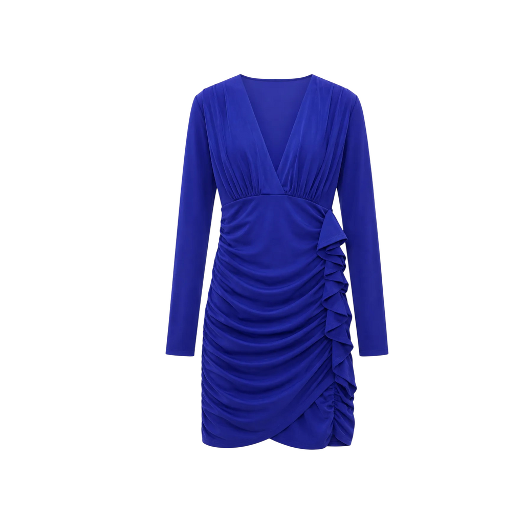 Zara Blue Draped Ruffle Long Sleeve Mini Dress