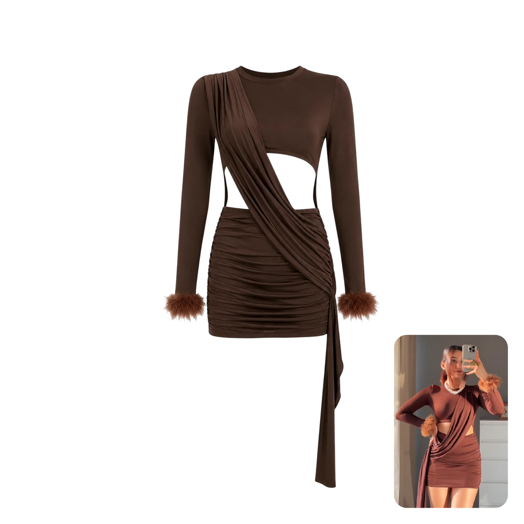 Newme Brown Feather Cuff Mini Dress