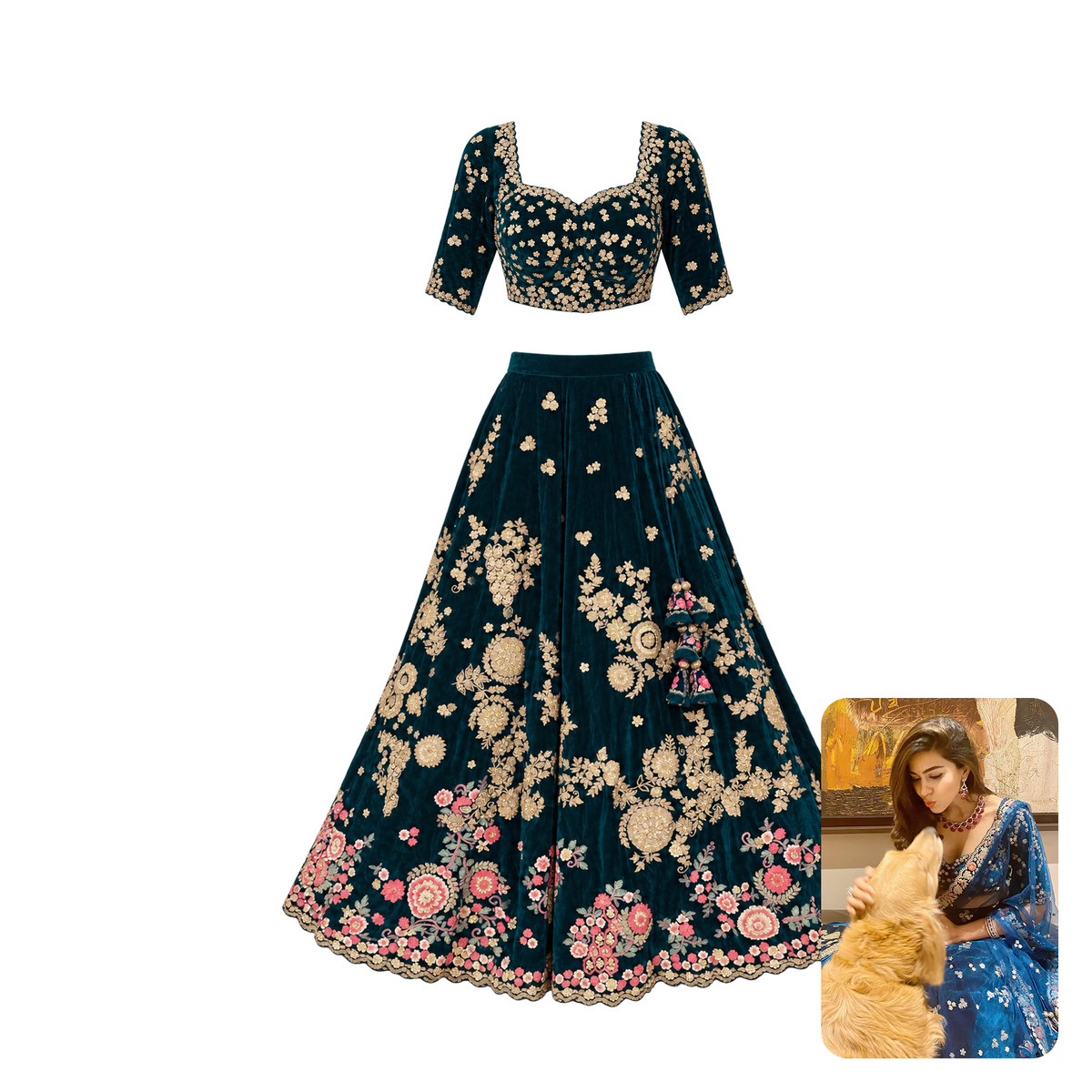 Dolly J Teal Velvet Embroidered Lehenga