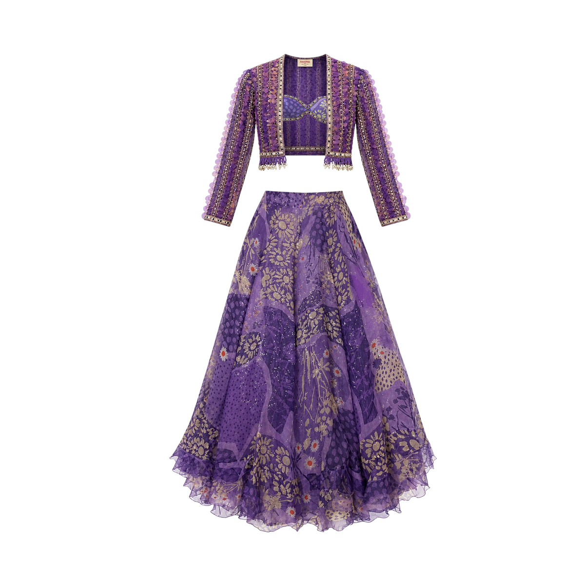 Awigna Purple Net & Organza Printed Embellished Lehenga Set of 3