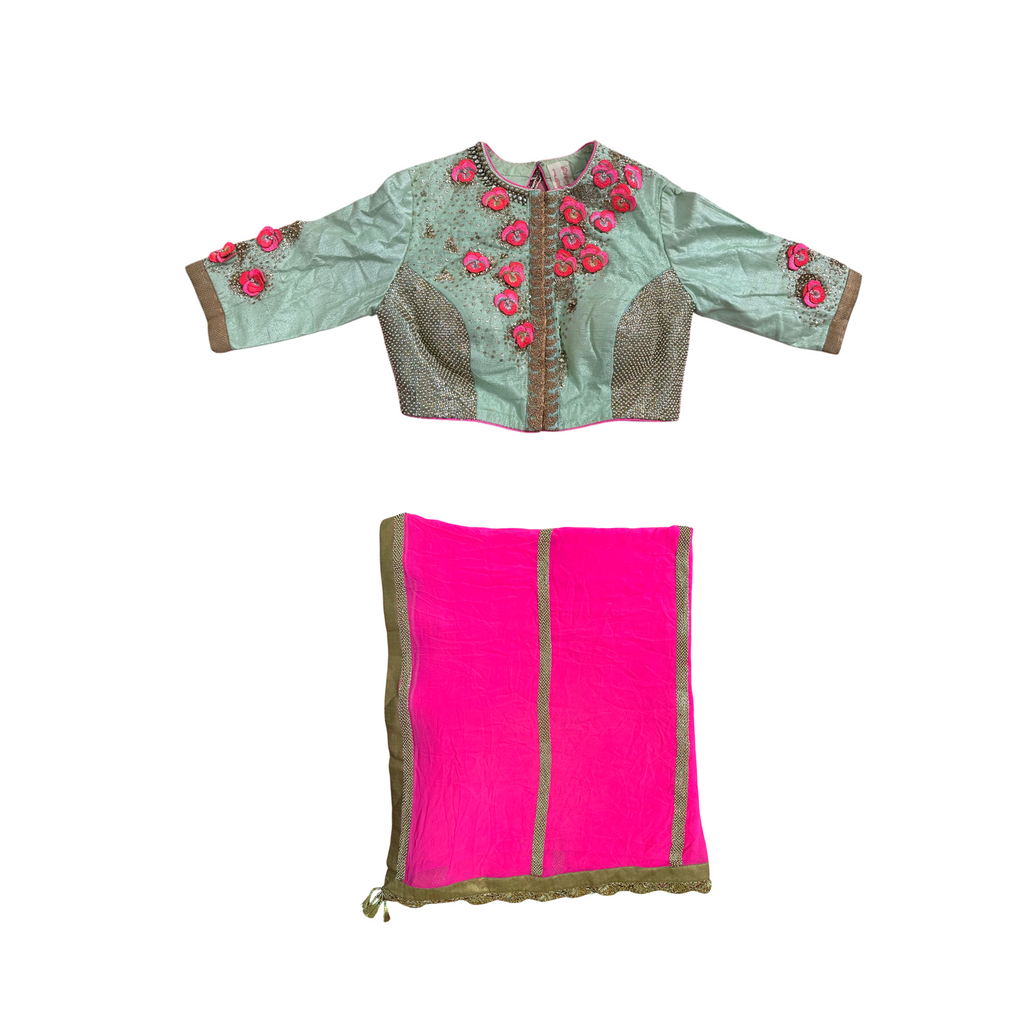 Yashodhara Color Block Saree with Mint Blouse