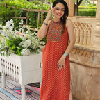 Global Desi Rust Butti-Print Viscose Dress