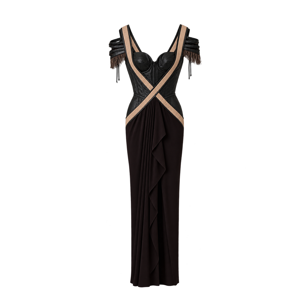 Shantnu Nikhil Chocolate Brown Leather Corset Maxi Dress