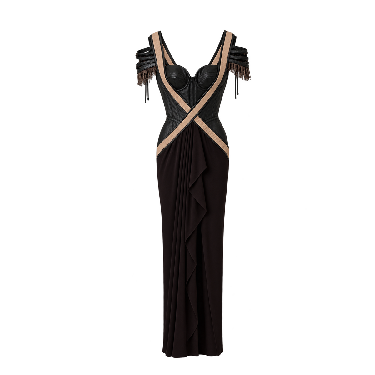Shantnu Nikhil Chocolate Brown Leather Corset Maxi Dress